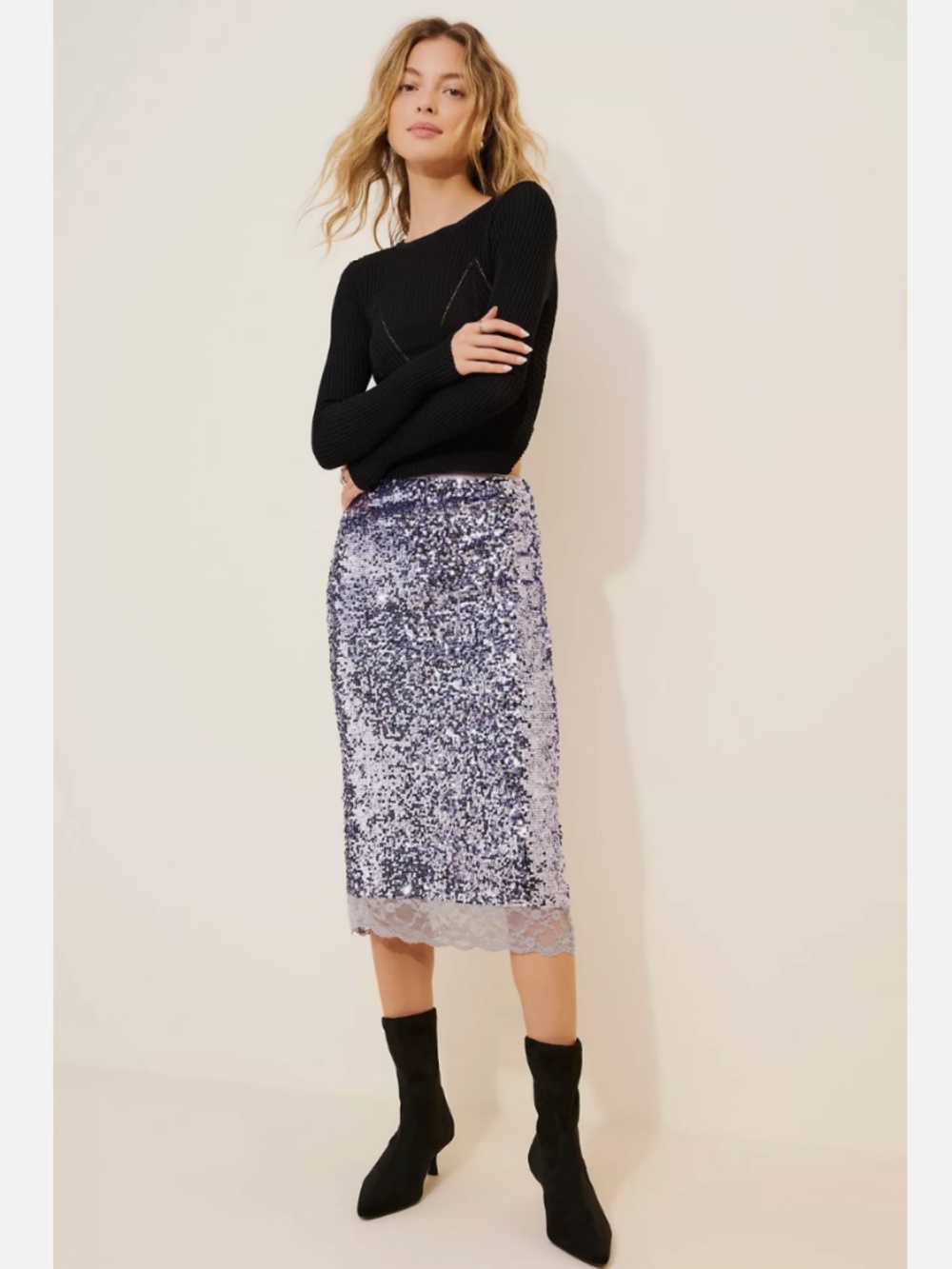 ANTHROPOLOGIE SEQUIN LACE MIDI SKIRT